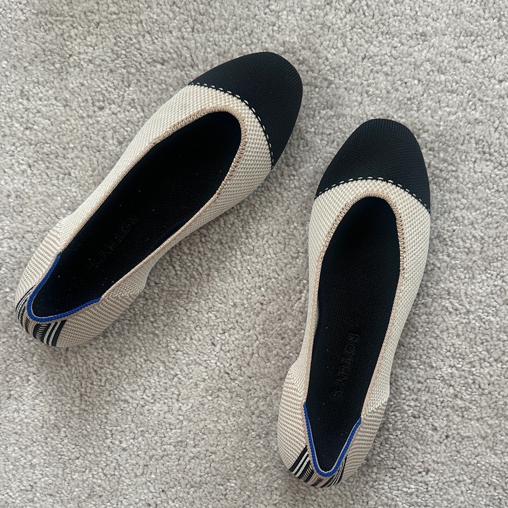Rothy's Beige and Black Knit Cap toe Flats